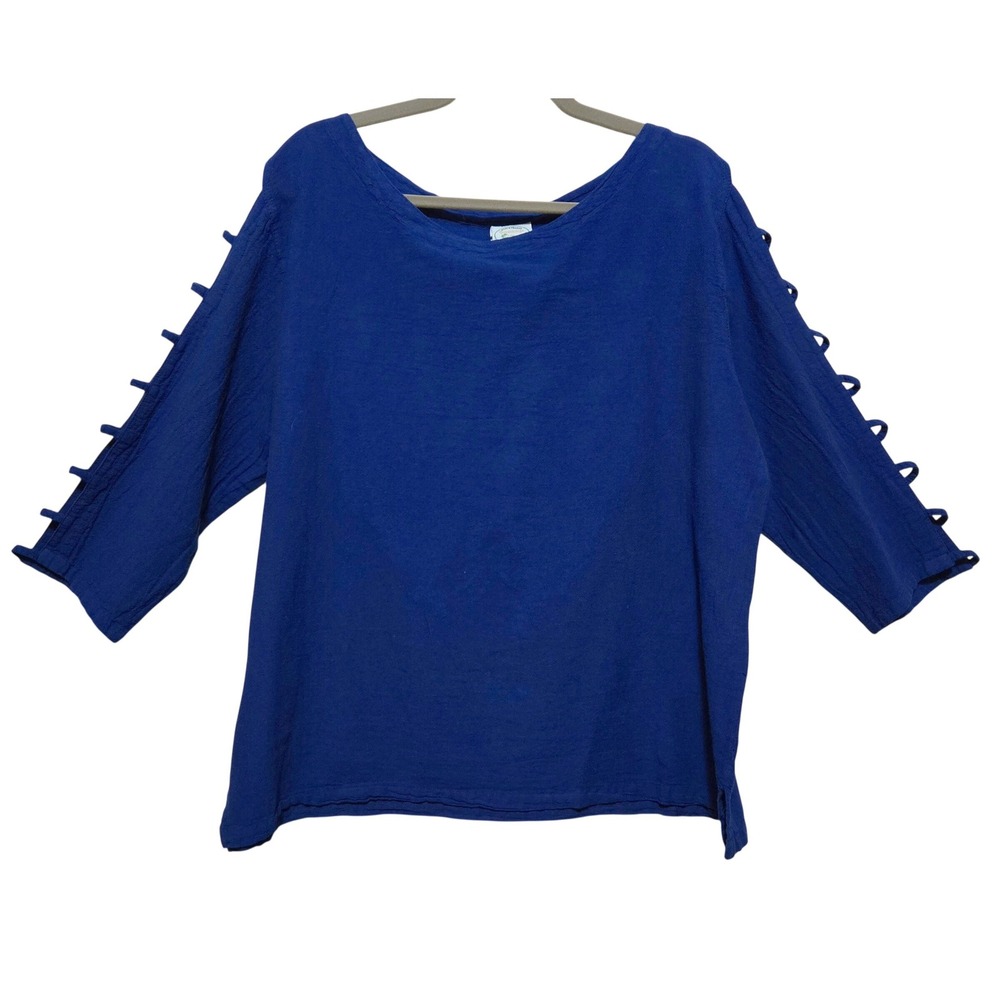 Drawstrings of Malibu Women's XL Blue Cotton Ladder Sleeve Top Made in USA
